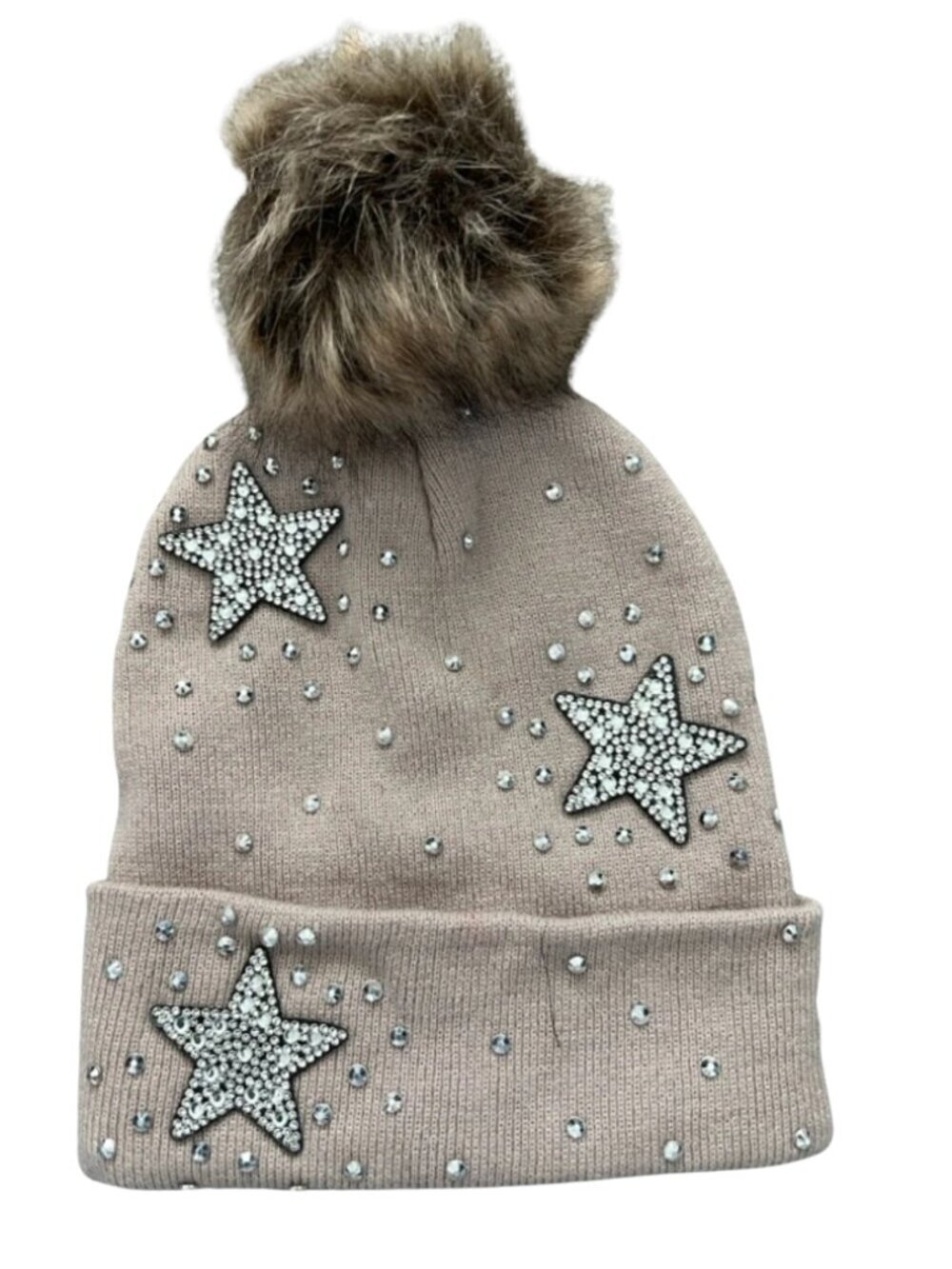 COG New York Blush Faux Fur Pom Pom Beanie Hat Embellished with Rhinestone Stars